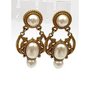1928 Earrings Faux Pearls Gold Tone Dangles Etruscan